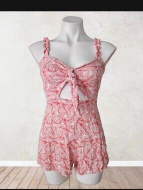Luna Chix Rayon Red Leaf Print Romper Size SMALL